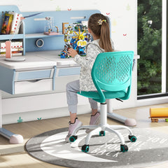 The kids chair positioned at a desk with a young girl sitting on it and playing with a toy ferris wheel