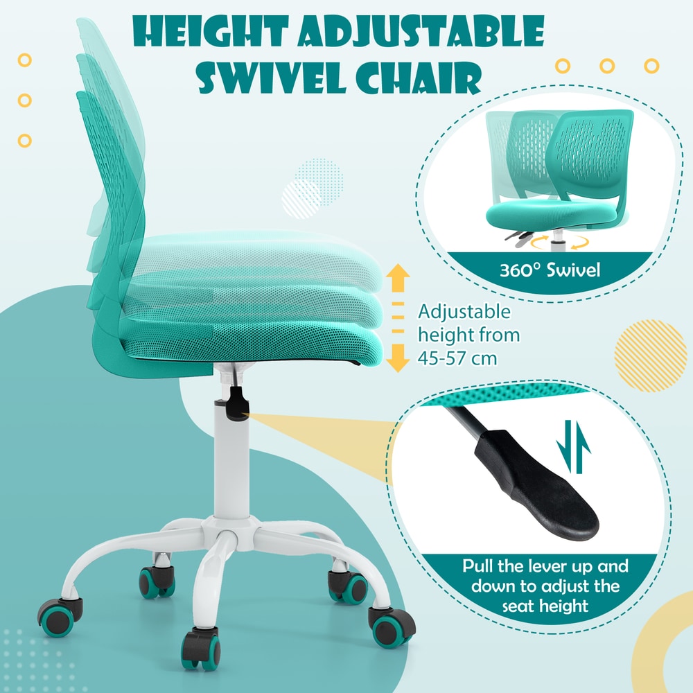 The kids chair showing the height adjustment lever and the swivel motion with arrows for movement