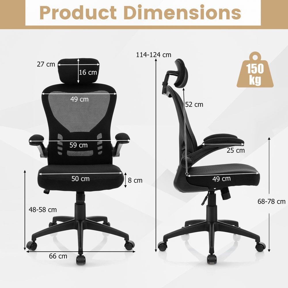 The office chair displayed with technical lines and arrows indicating all product dimensions