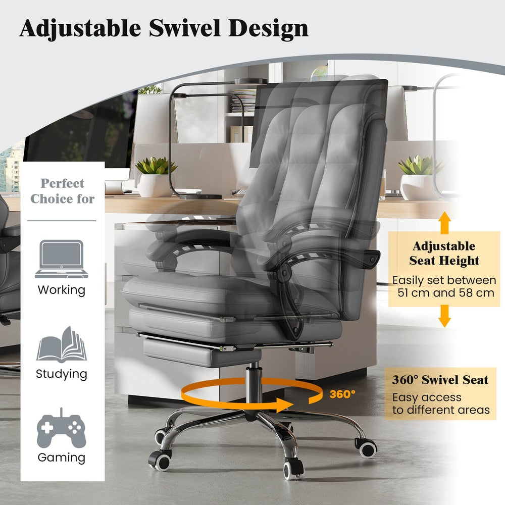 Adjustable swivel design of the office chair with icons for working, studying and gaming
