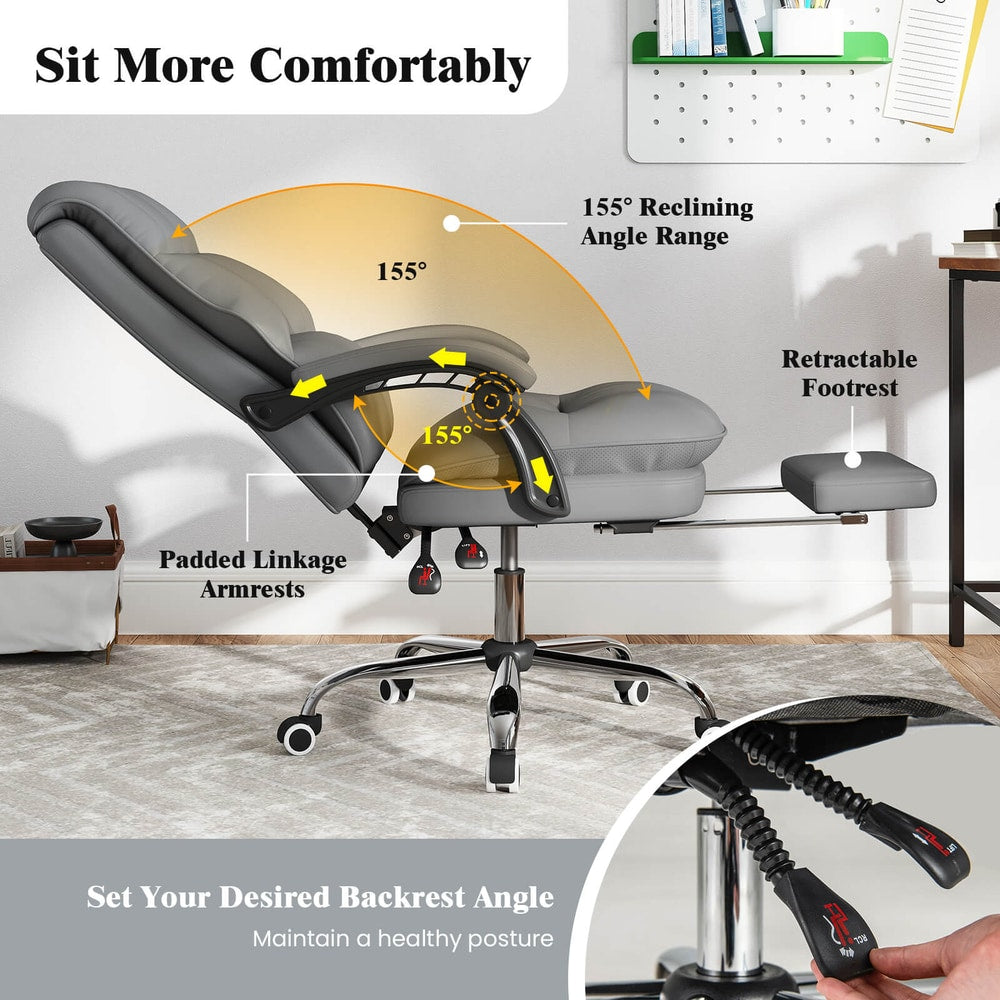 The grey ergonomic office chair reclined with its padded armrests and retractable footrest extended