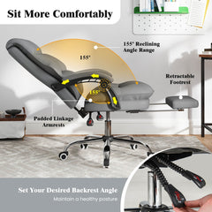 The grey ergonomic office chair reclined with its padded armrests and retractable footrest extended