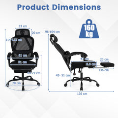 Ergonomic Office Chair High Back Mesh Desk Chair with Retractable Footrest-Black