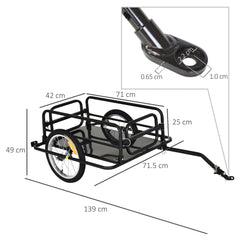 The black bicycle cargo trailer with dimensions shown, including length and height