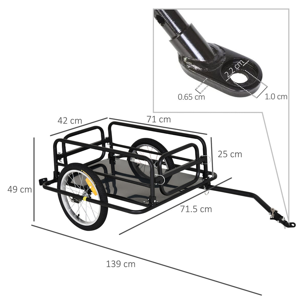 The black bicycle cargo trailer with dimensions shown, including length and height