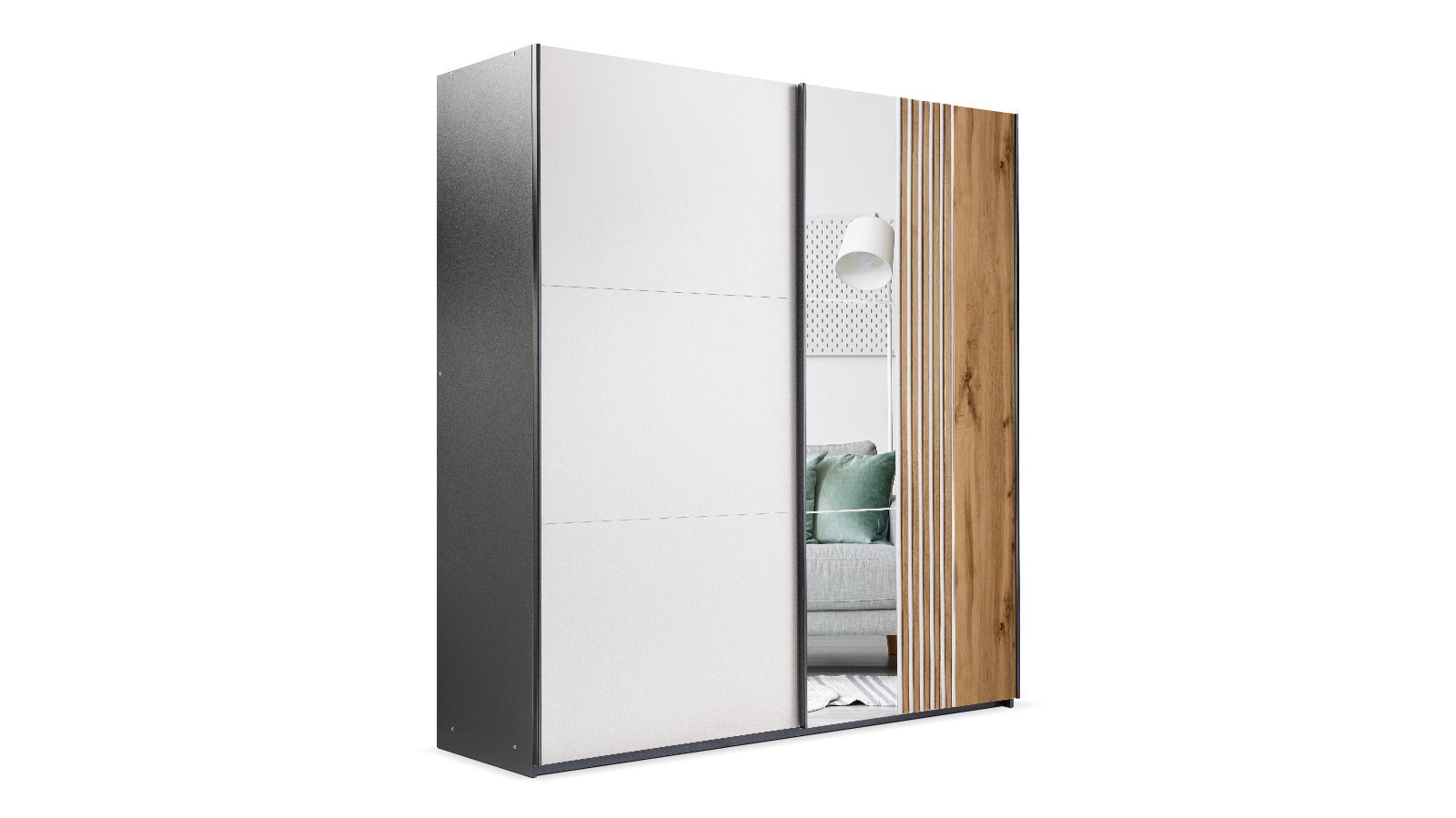 Black/Cashmere/Oak Wotan Mirrored Sliding Door Wardrobe 200cm – KINGSLEY