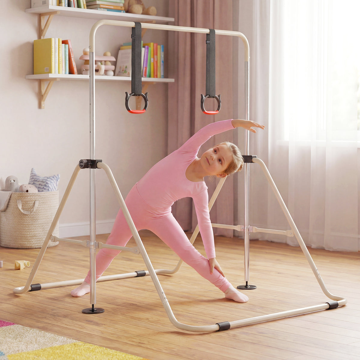 Expandable Gymnastic Bar for Kids 4-Level Height Adjustable Gymnastic Bar-Beige