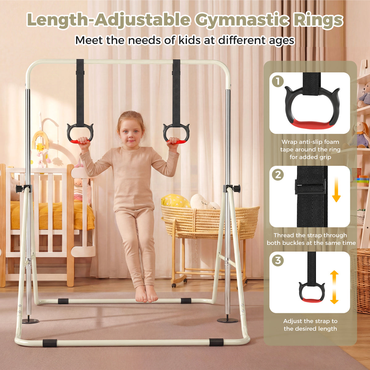 Expandable Gymnastic Bar for Kids 4-Level Height Adjustable Gymnastic Bar-Beige