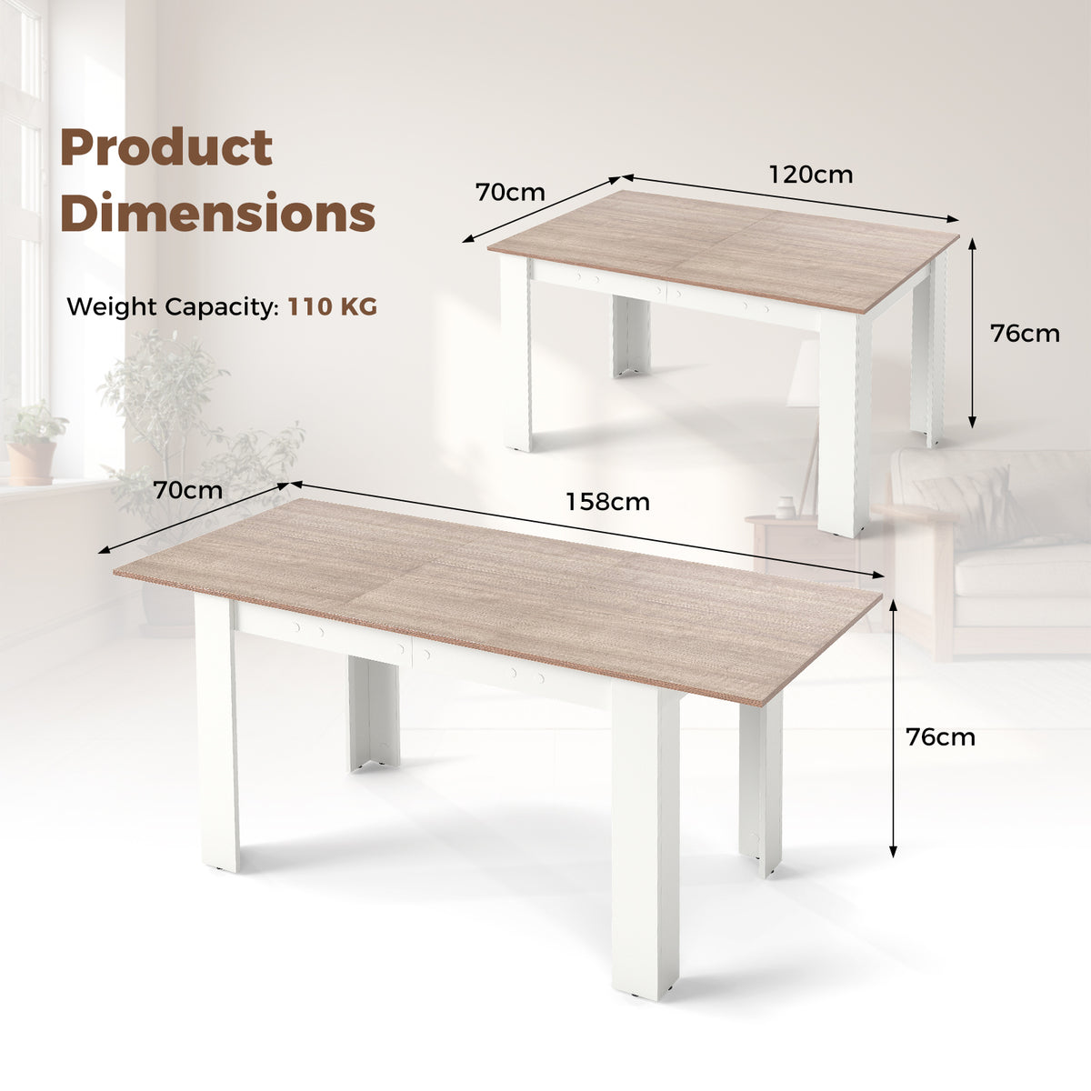 Extendable Dining Table with Adjustable Tabletop-White