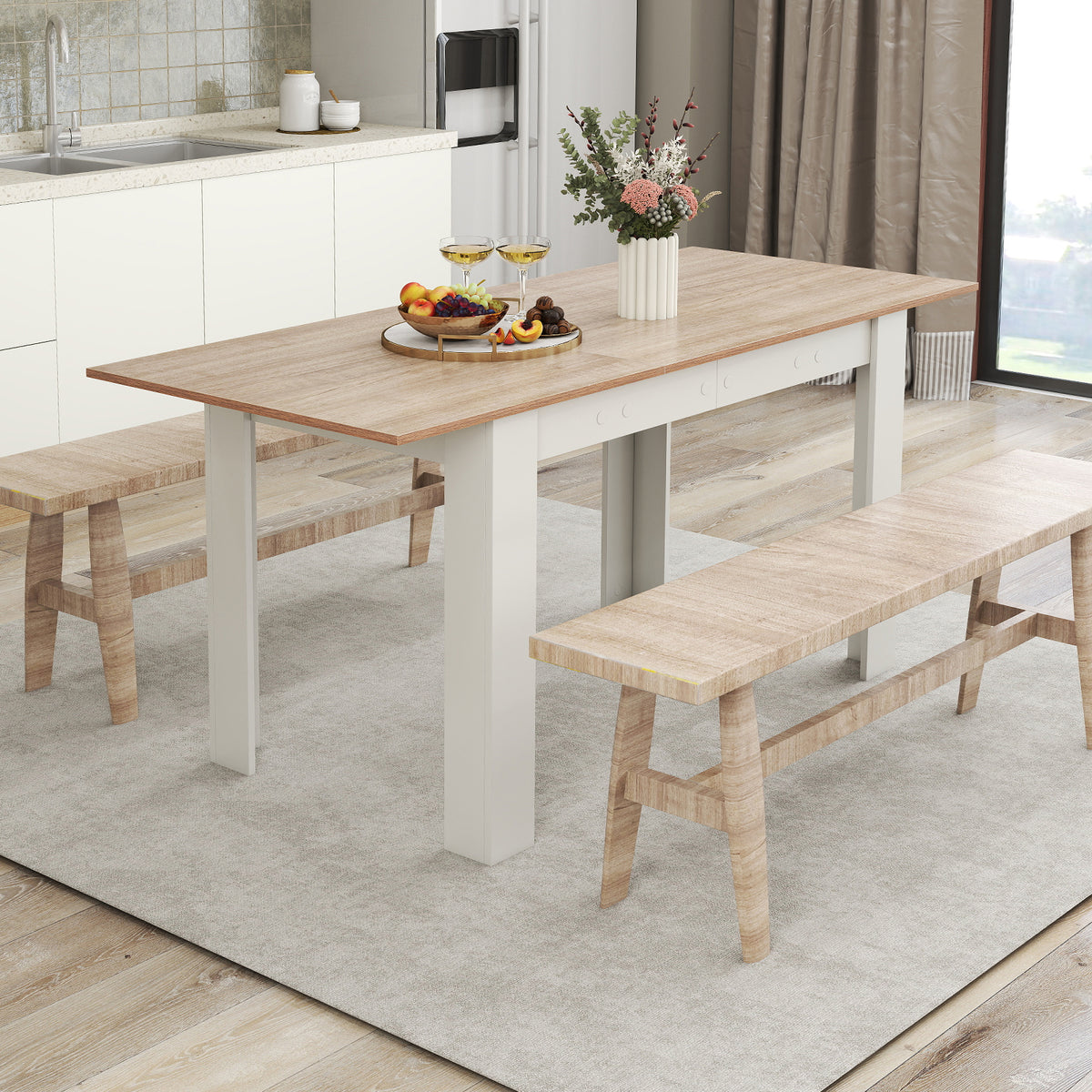 Extendable Dining Table with Adjustable Tabletop-White