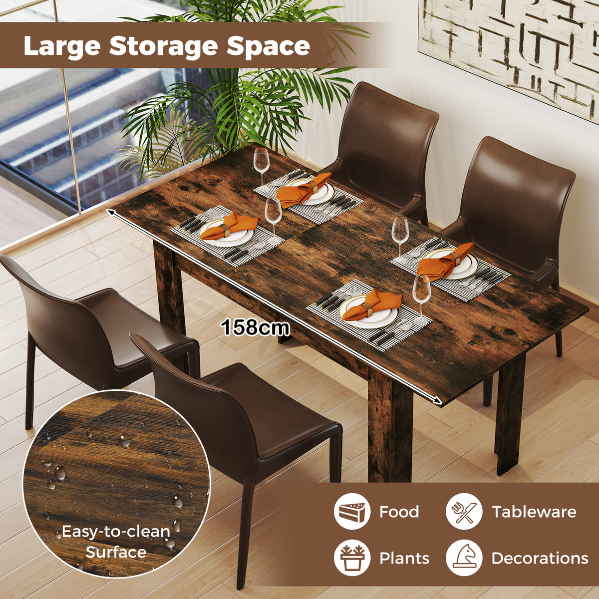 The dining table with a close up of the surface texture and icons showing its uses
