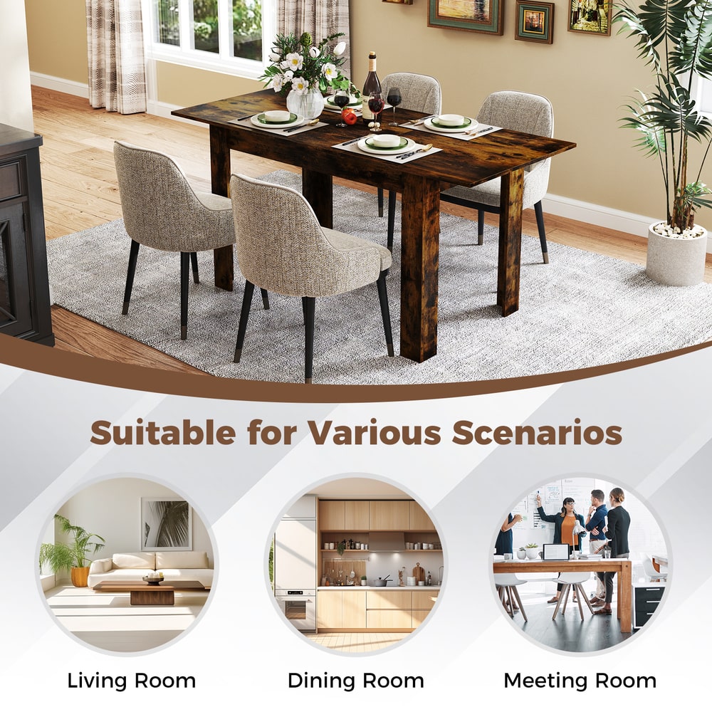The dining table shown in three different room settings including a living and meeting room