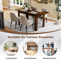 The dining table shown in three different room settings including a living and meeting room