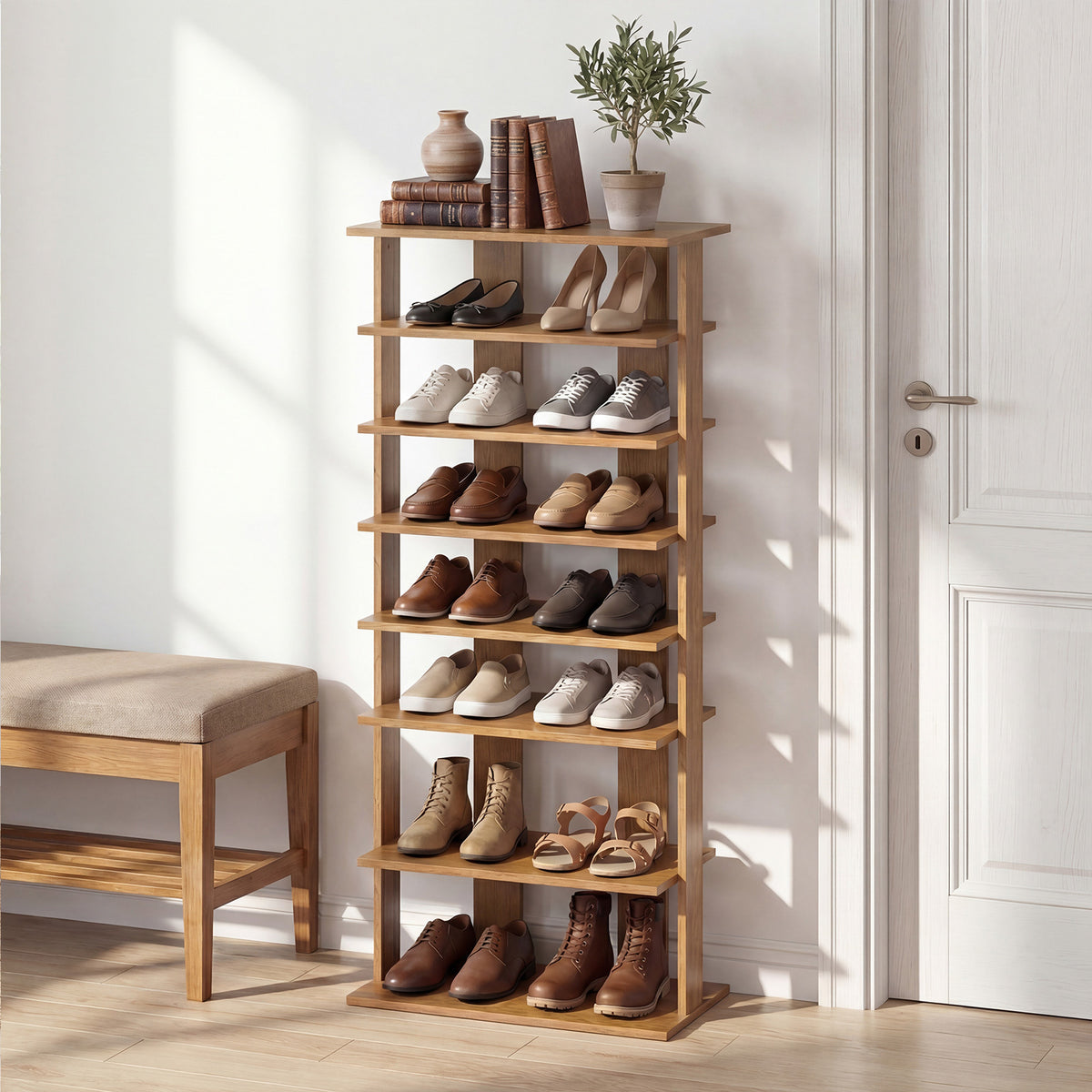 Extra Wide Wooden Vertical Shoe Rack with 7 Shelves-Natural