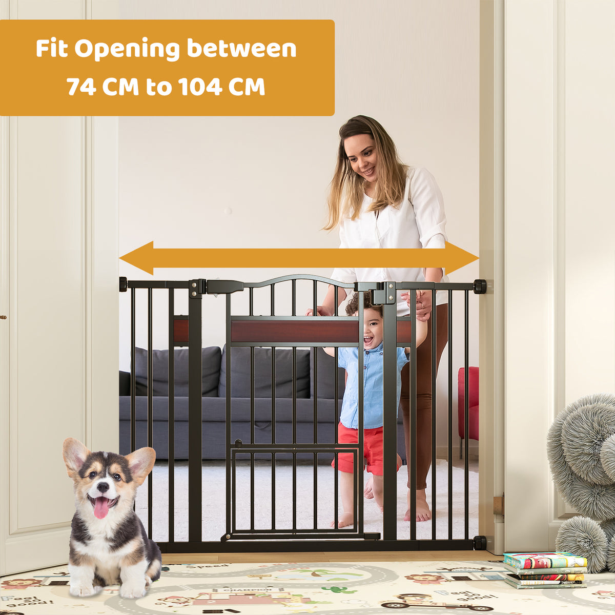 Extra Wide Walk Through Pet Gate for 74-104 cm Openings-Black