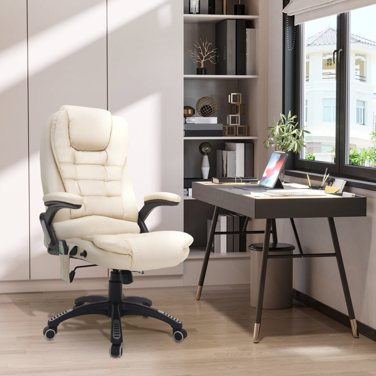 HOMCOM 6-Point Massage Office Chair with Seat Heated for Home Office, PU Leather High Back Executive Desk Chair with Adjustable Height and 360° Swivel for Work Study, Beige