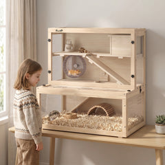 PawHut Wooden Hamster Cage with Hut, Wheel, Ramps, Removable Viewing Panels, 80 x 50 x 84 cm, Natural