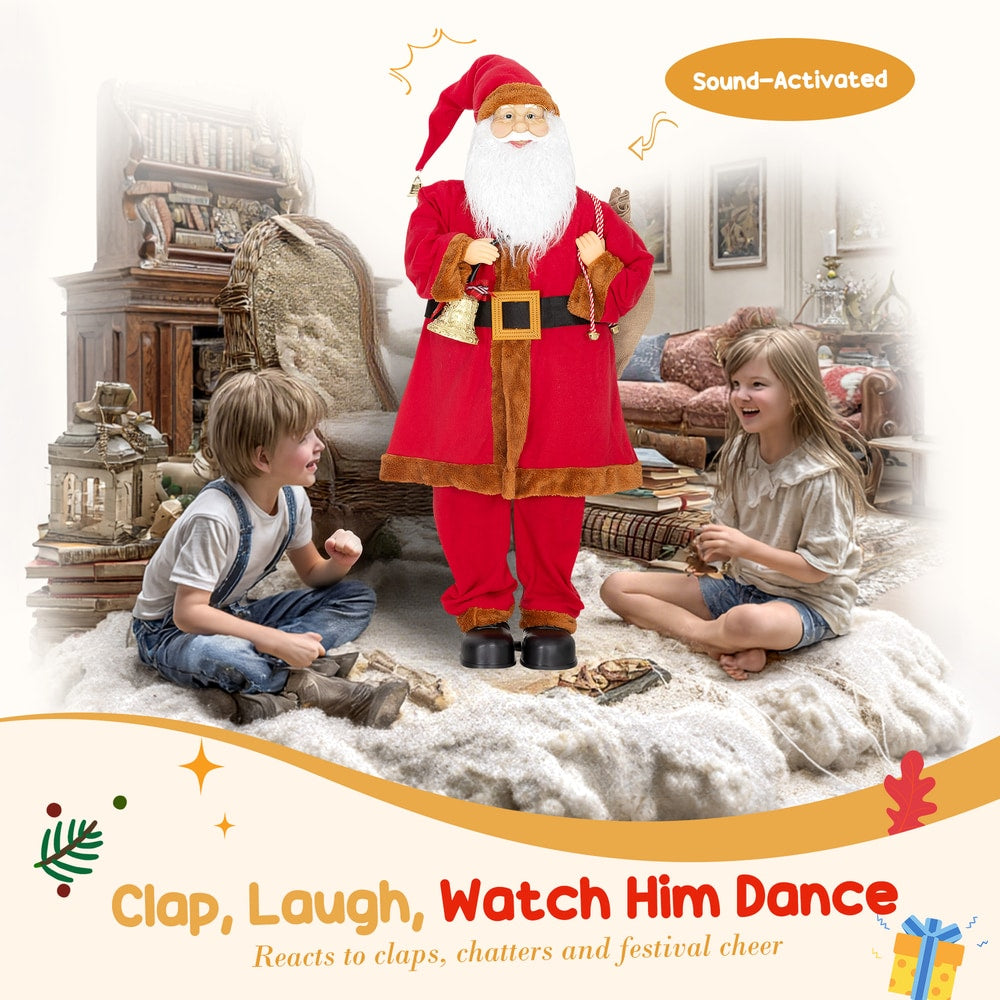 The singing santa figure reacting to children playing and laughing in a living room