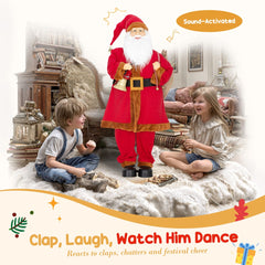 The singing santa figure reacting to children playing and laughing in a living room