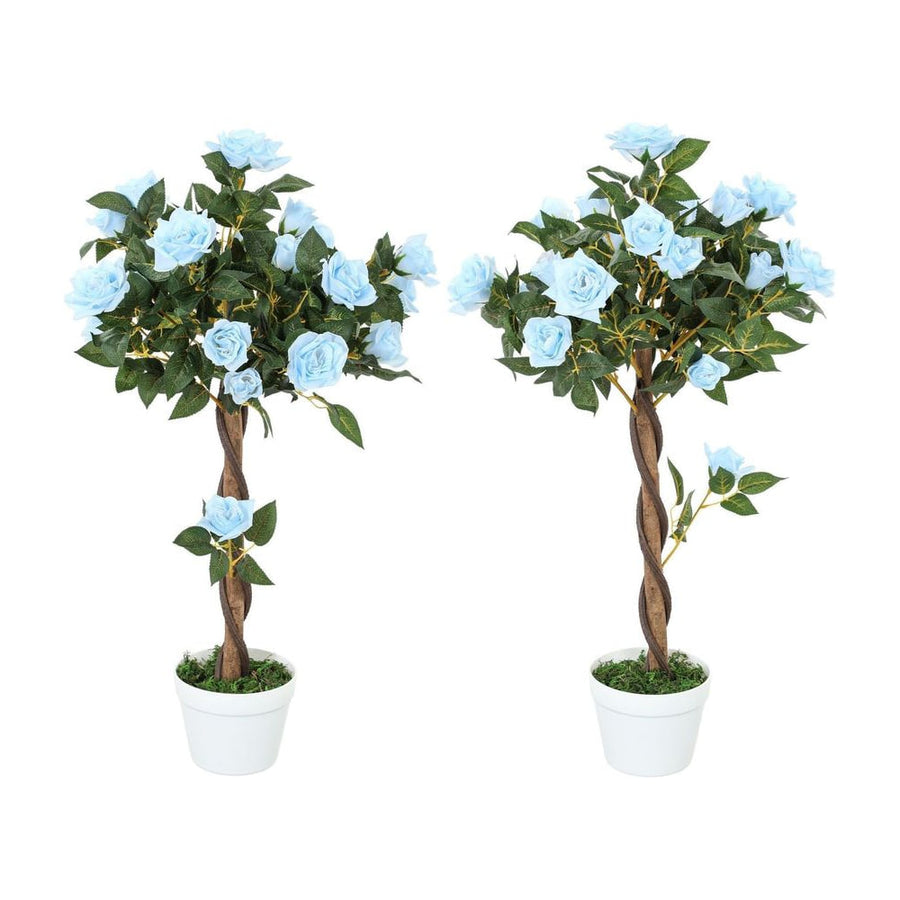 Outsunny Set of 2 Artificial Plants White Rose Floral in Pot, Fake Plants for Home Indoor Decor, 90cm, Light Blue