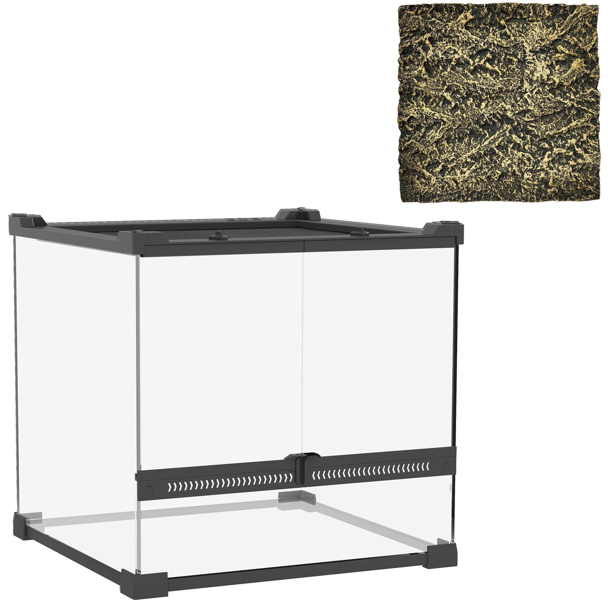 PawHut Reptile Glass Terrarium with Stone Background, Front Ventilation, Escape-Proof Knob Lock, 30 x 30 x 30 cm, Black