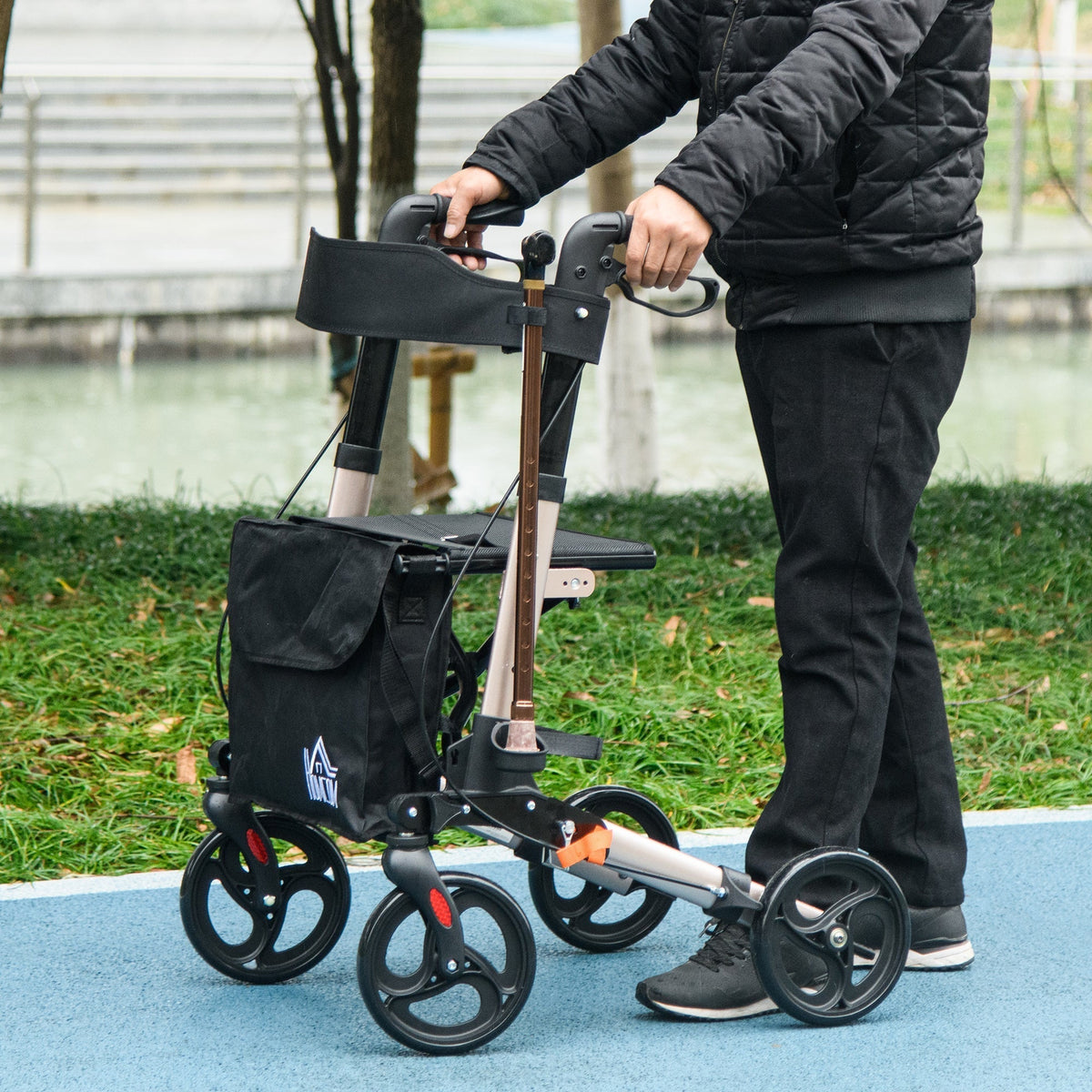 HOMCOM 4 Wheel Rollator with Seat and Back, Folding Mobility Walker with Carry Bag, Adjustable Height, Dual Brakes, Cane Holder, Lightweight Aluminium Walking Frame for Seniors and Disabled, Gold Tone