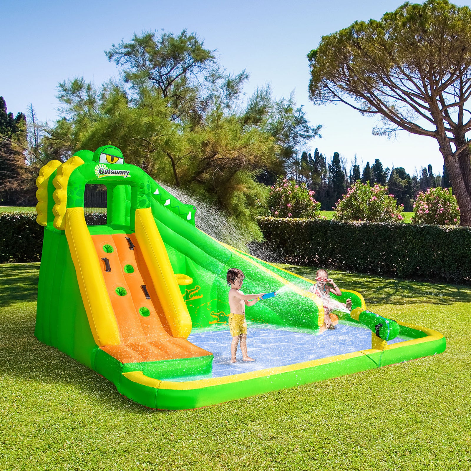 Outsunny Kids Bouncy Castle, 5 in 1 Large Crocodile Style Inflatable House Slide Basket Water Pool Gun Climbing Wall with Blower Carrybag for Kids Age 3-8, 3.85 x 2.85 x 2.25m