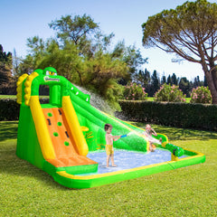 Outsunny Kids Bouncy Castle, 5 in 1 Large Crocodile Style Inflatable House Slide Basket Water Pool Gun Climbing Wall with Blower Carrybag for Kids Age 3-8, 3.85 x 2.85 x 2.25m
