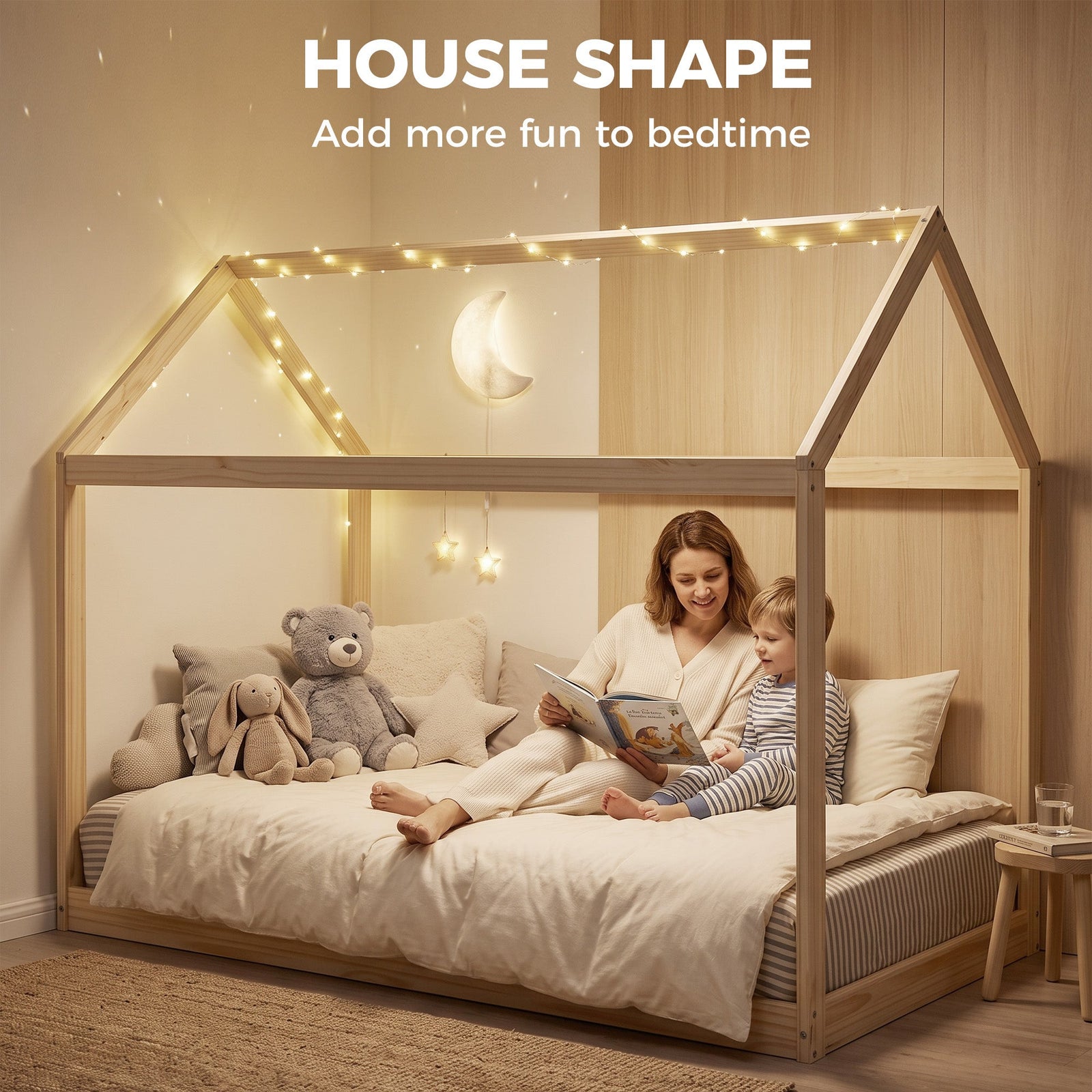 HOMCOM Single Bed Frame, House Scandinavian Wooden Bed Frame for 90W x 190Dcm Mattress, Pine Wood Bed Base, Natural Wood Finish