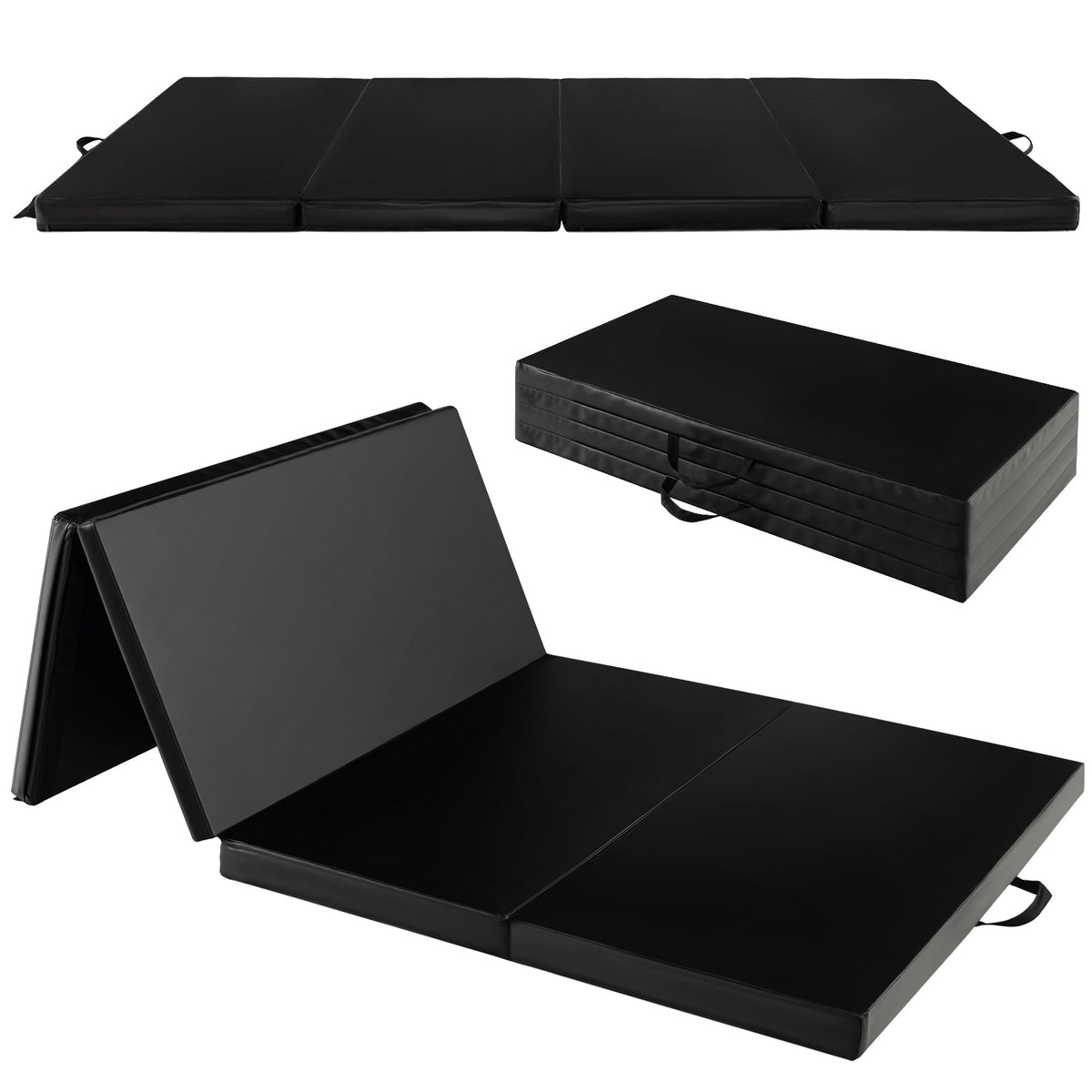 Folding Gymnastics Mat with Carry Handles, Hook and Loop Fasteners-Black