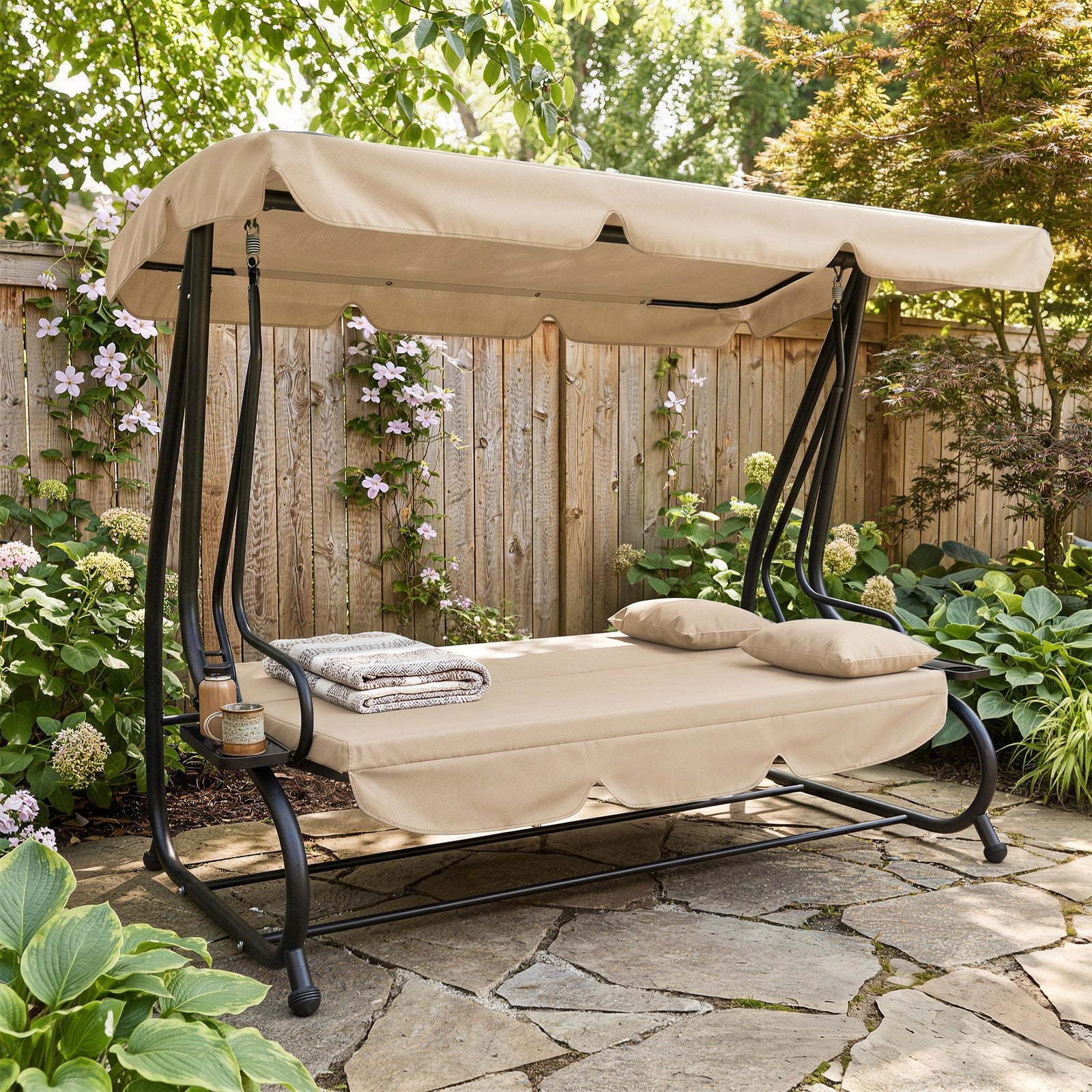 Outsunny Three-Person garden Swing Chair, with Adjustable Canopy - Light Brown