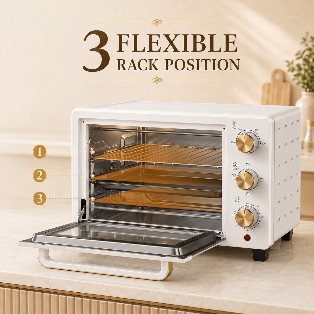 HOMCOM 21L Mini Countertop Oven, the small kitchen appliance with its door open showing three rack positions