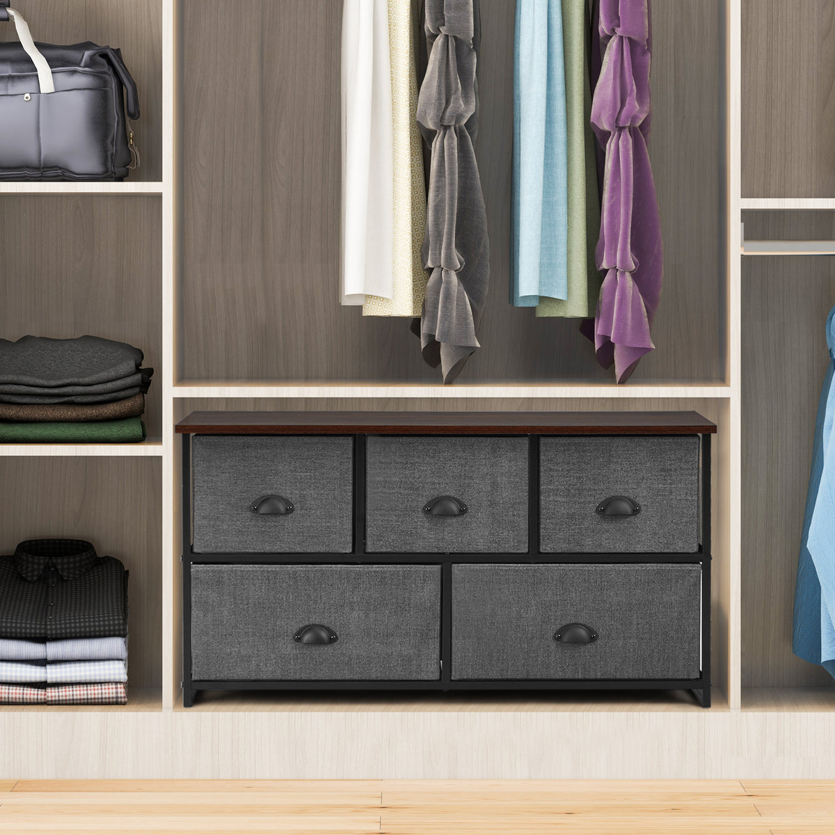 Fabric Drawer Cabinet for Wardrobe, Bedroom, Living Room-Black & Grey