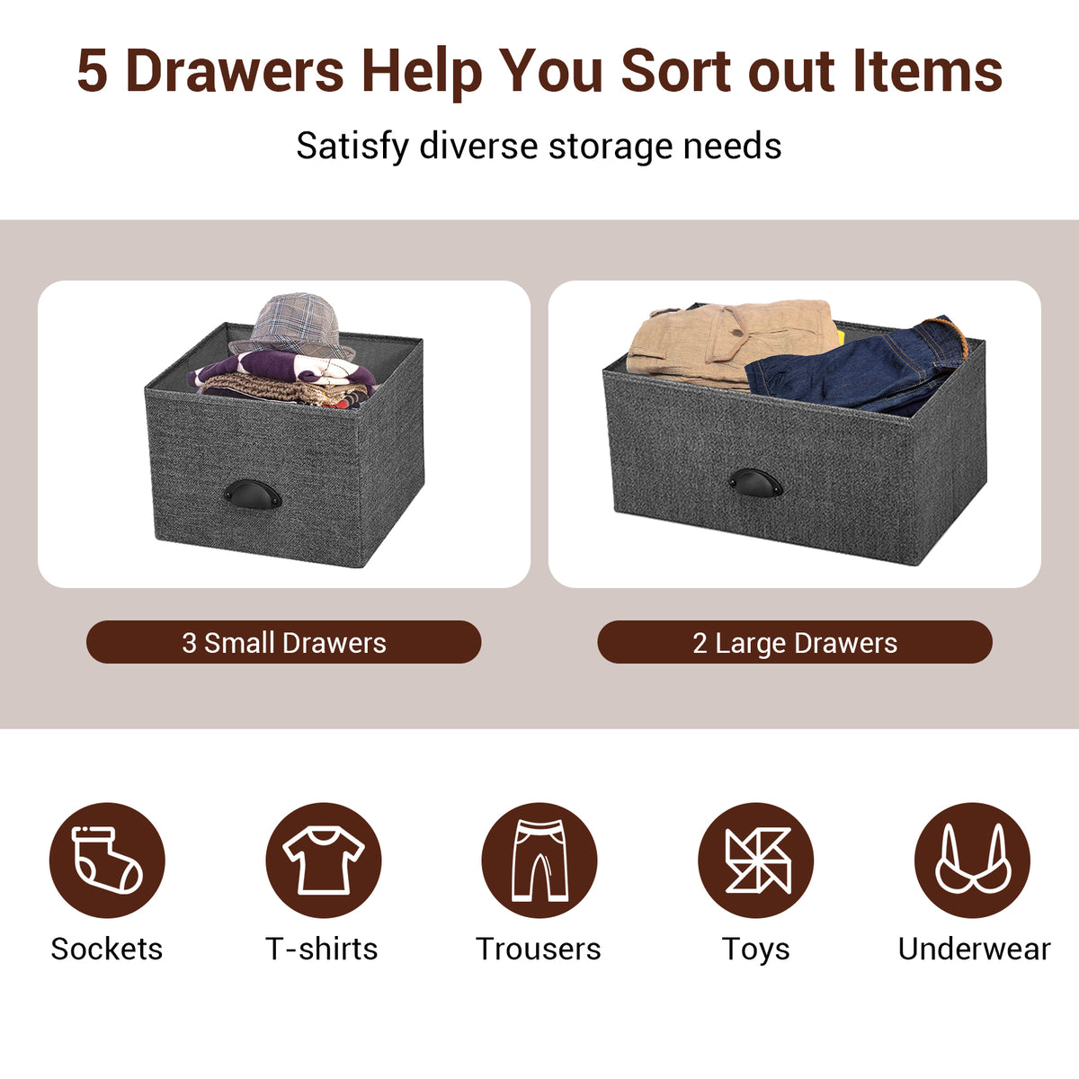Fabric Drawer Cabinet for Wardrobe, Bedroom, Living Room-Black & Grey