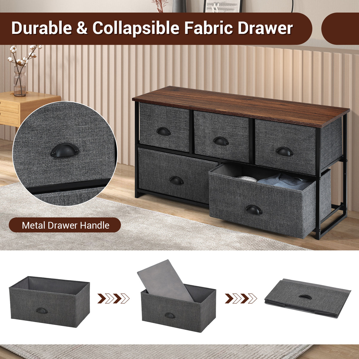 Fabric Drawer Cabinet for Wardrobe, Bedroom, Living Room-Black & Grey