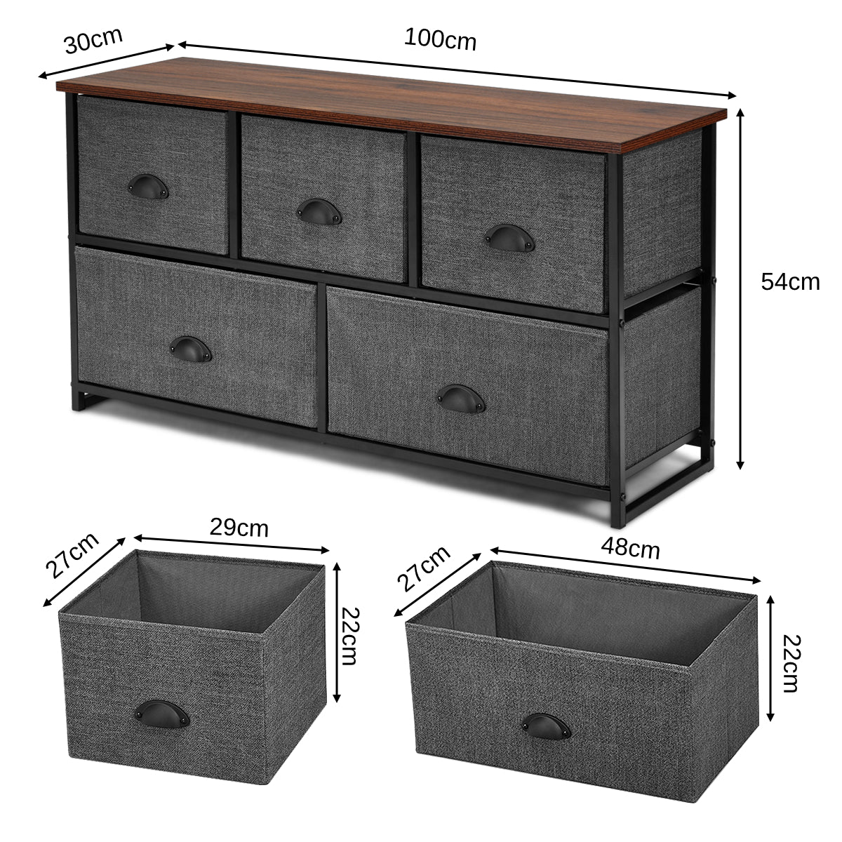 Fabric Drawer Cabinet for Wardrobe, Bedroom, Living Room-Black & Grey