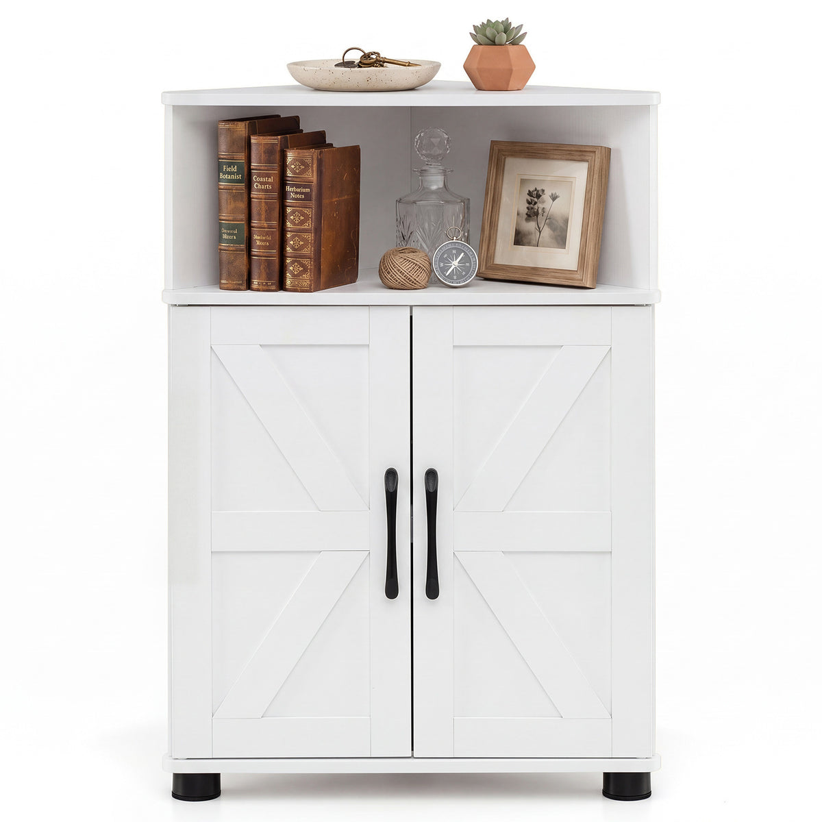 The white corner cabinet with books and decorative items on the open top shelf
