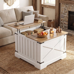 Farmhouse Lift Top Coffee Table 80CM Square Center Table with Hidden Storage Compartment-Brown