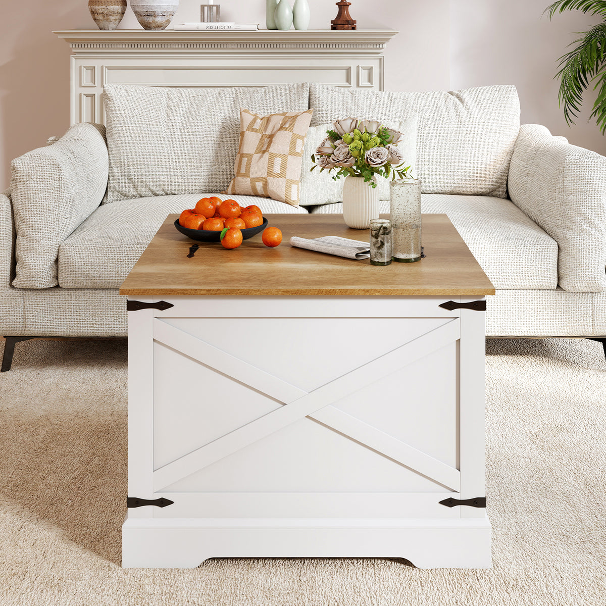 Farmhouse Lift Top Coffee Table 80CM Square Center Table with Hidden Storage Compartment-Brown