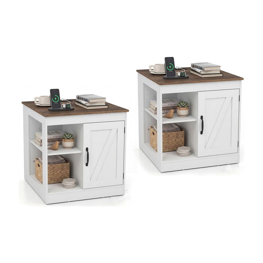 Farmhouse Nightstand Set of 2 with Charging Station Bedside Table with Adjustable Shelf-White