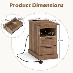 Product dimensions diagram for the rustic brown nightstand with drawer shown separately