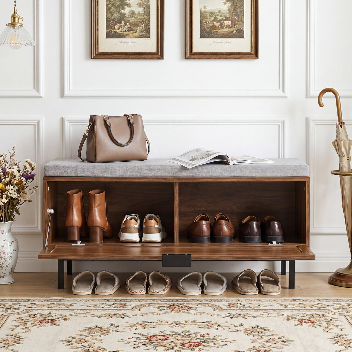 Farmhouse Shoe Storage Bench with Padded Cushion and Rattan Door-Brown