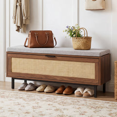 Farmhouse Shoe Storage Bench with Padded Cushion and Rattan Door-Brown