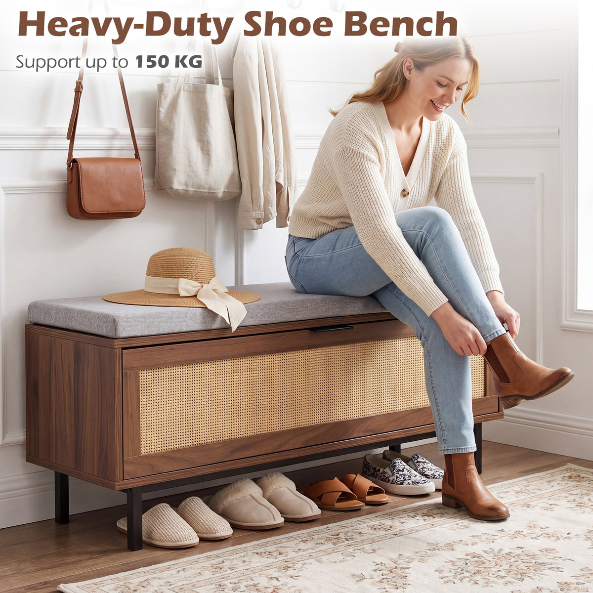Farmhouse Shoe Storage Bench with Padded Cushion and Rattan Door-Brown