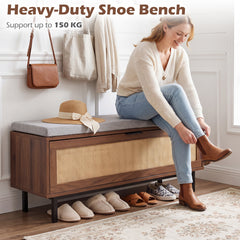Farmhouse Shoe Storage Bench with Padded Cushion and Rattan Door-Brown