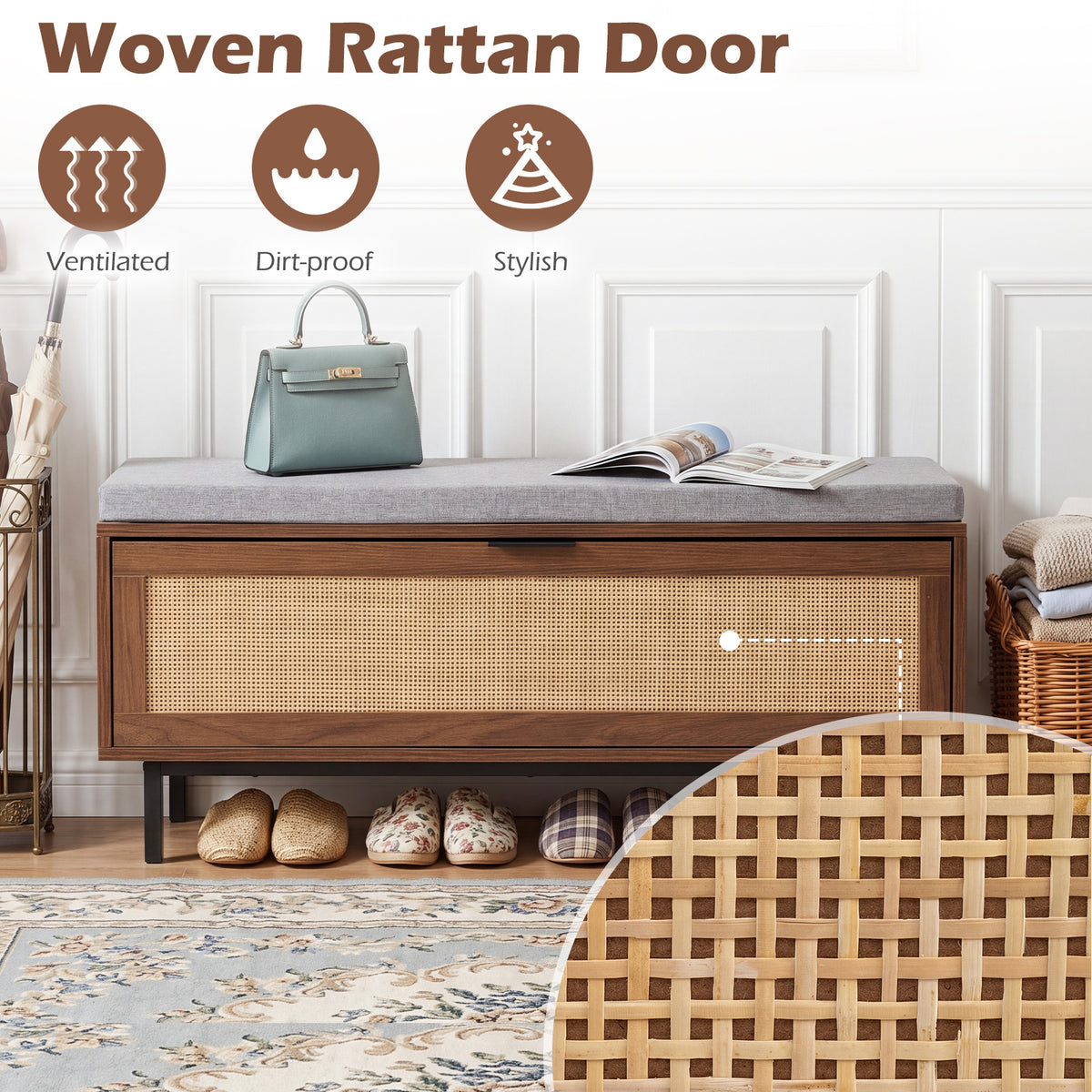 Farmhouse Shoe Storage Bench with Padded Cushion and Rattan Door-Brown