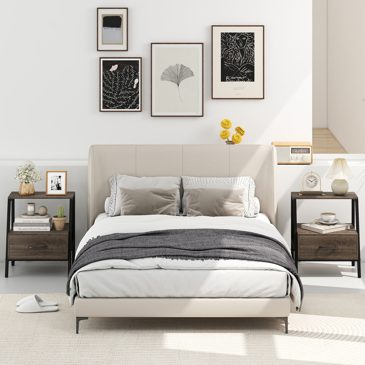 Farmhouse 3-Tier Nightstand with Drawer and Open Shelf for Living Room Bedroom-Grey