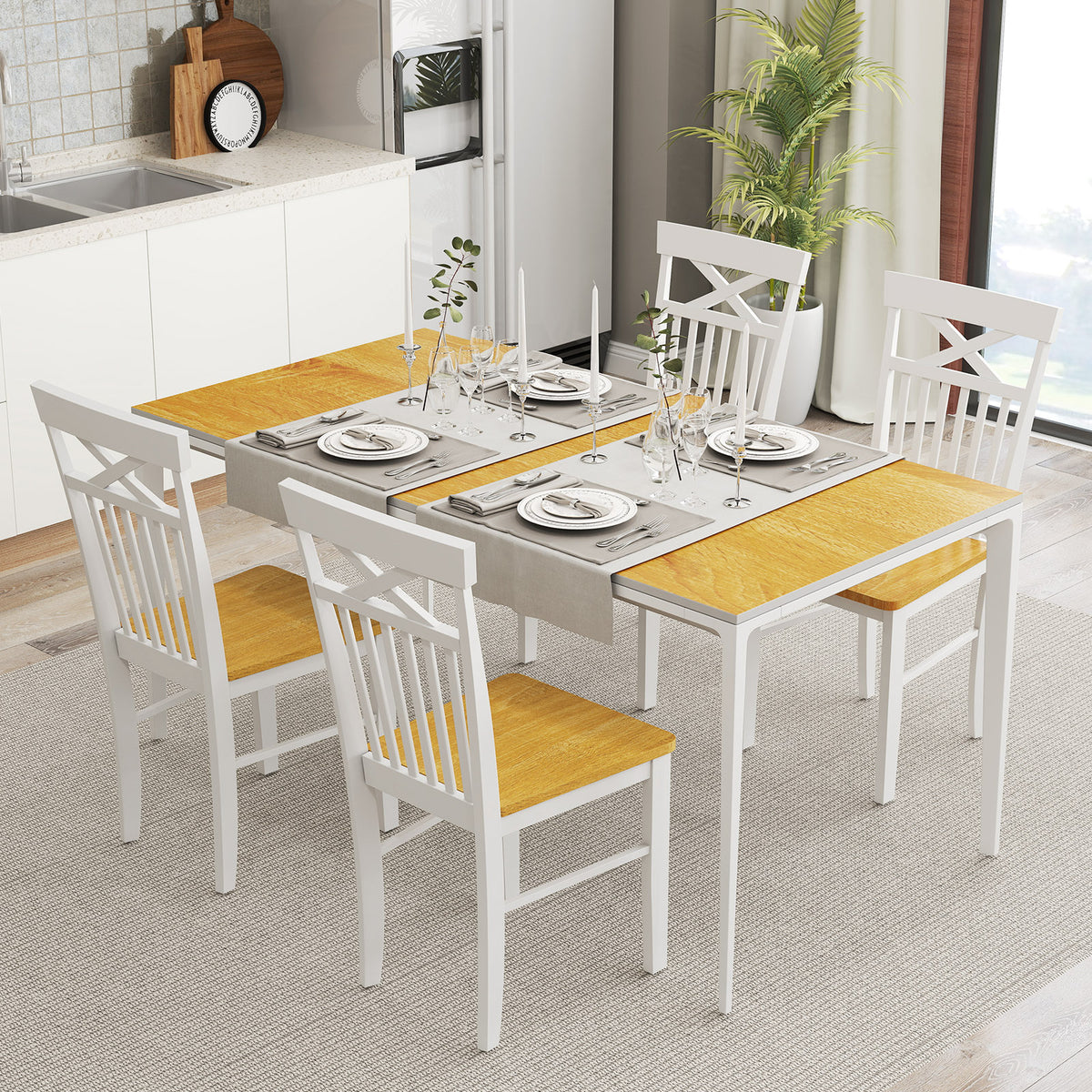 Farmhouse Dining Chair Set of 2 Wooden Kitchen Chair with Rubber Wood Frame-Natural