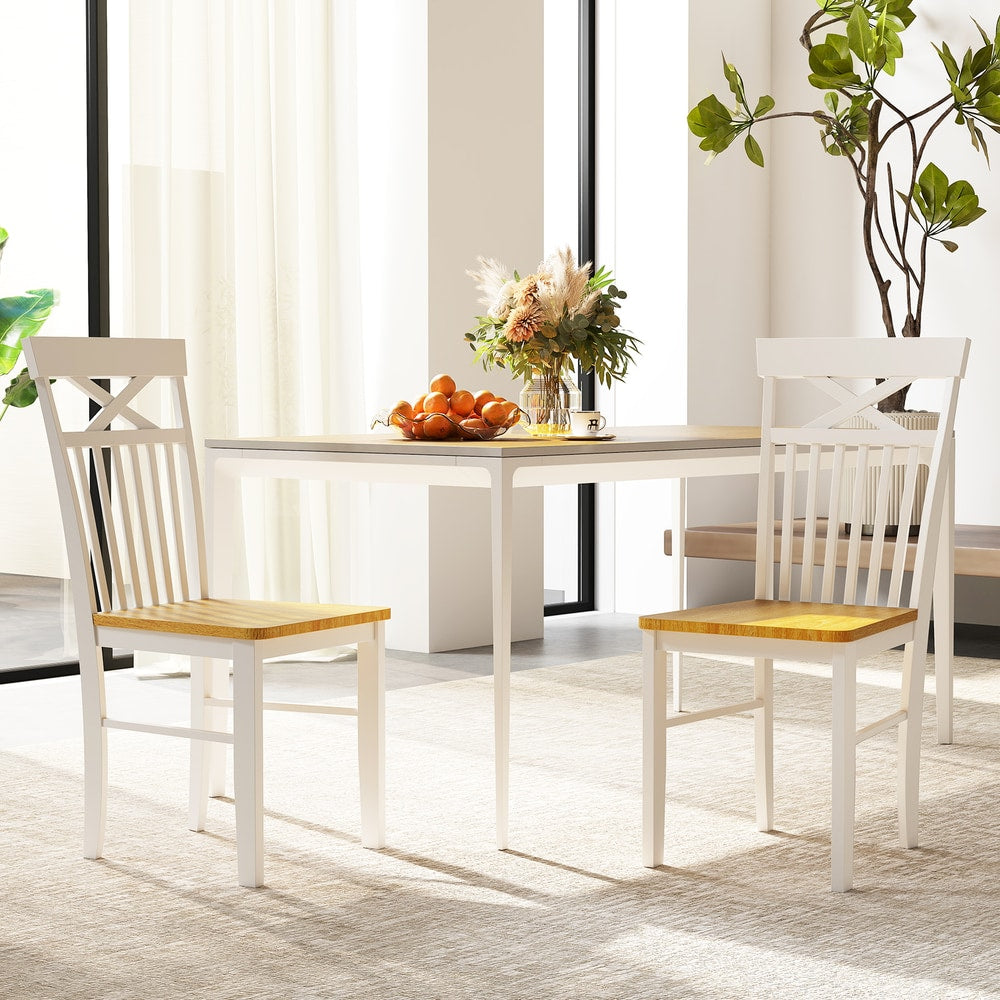 Two farmhouse dining chairs in a bright room with a table and plants