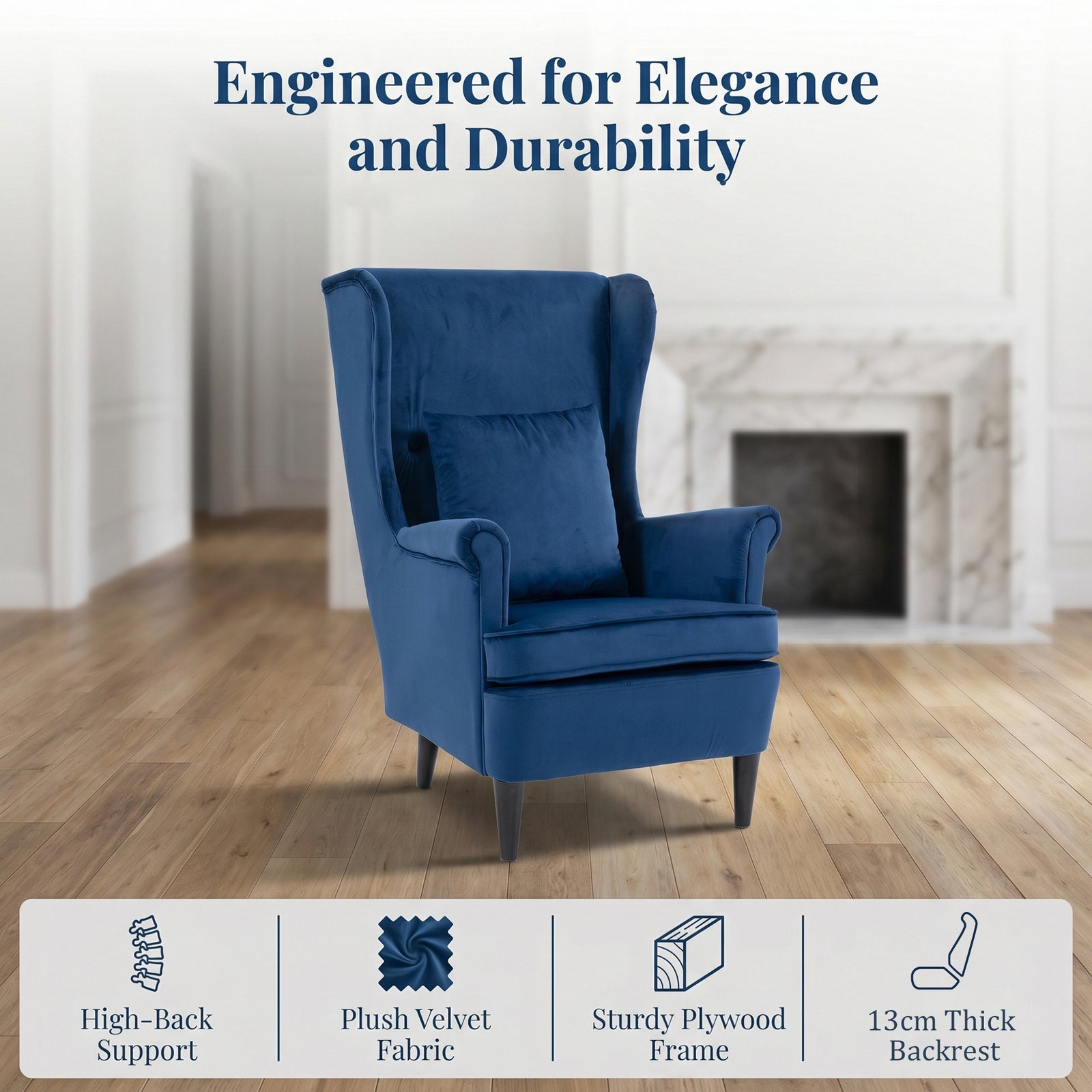 HOMCOM Modern Accent Chair with High Backrest and Pillow, Velvet-Feel Fabric Reading Chair with Solid Wood Legs, Blue
